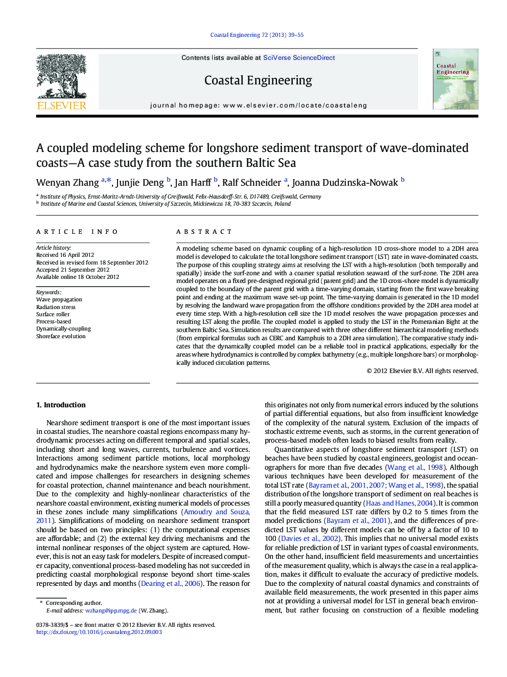 A coupled modeling scheme for longshore sediment transport of wave-dominated coasts—A case study from the southern Baltic Sea