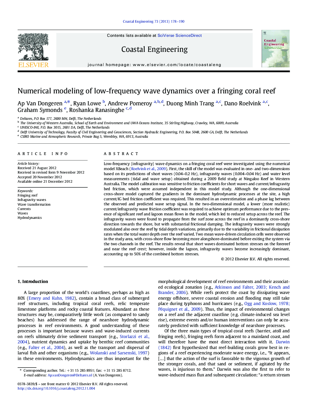 Numerical modeling of low-frequency wave dynamics over a fringing coral reef