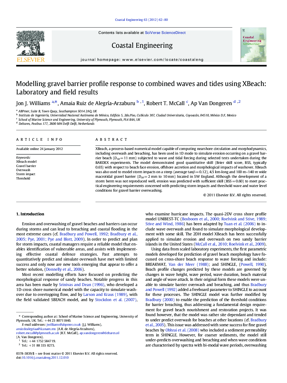 Modelling gravel barrier profile response to combined waves and tides using XBeach: Laboratory and field results