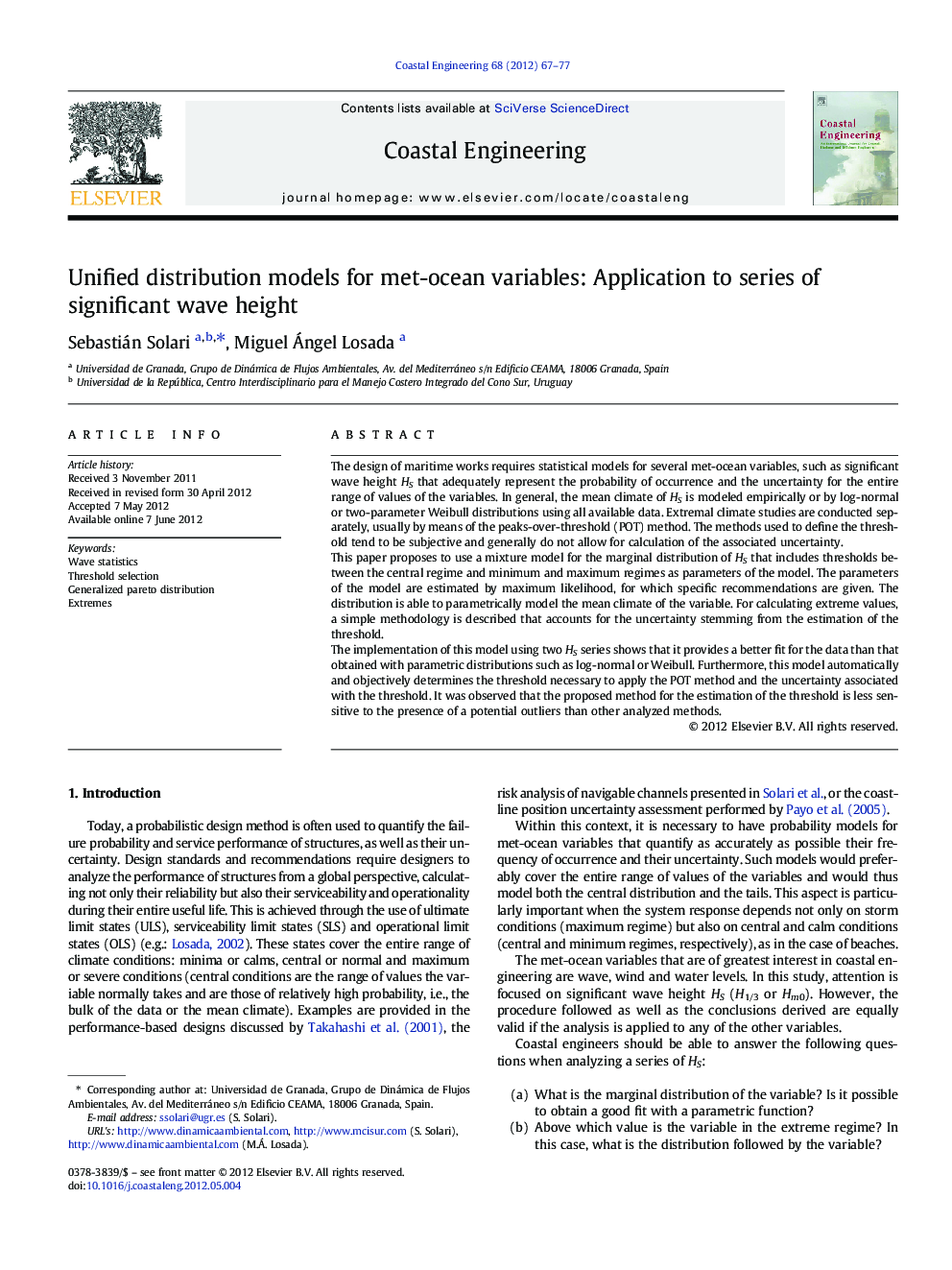 Unified distribution models for met-ocean variables: Application to series of significant wave height