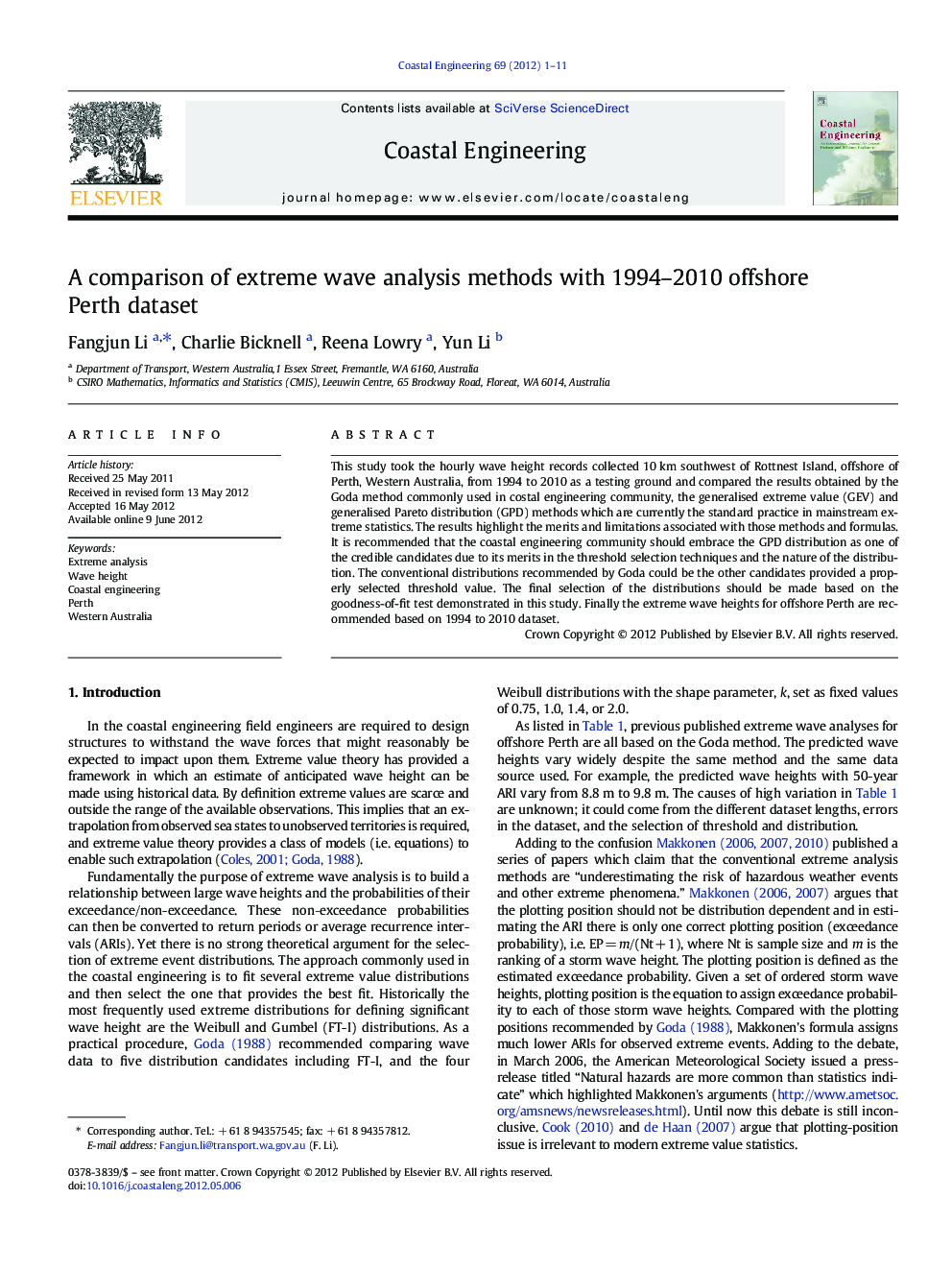 A comparison of extreme wave analysis methods with 1994–2010 offshore Perth dataset
