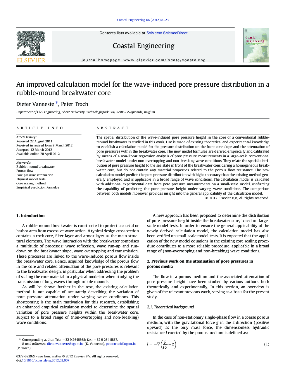 An improved calculation model for the wave-induced pore pressure distribution in a rubble-mound breakwater core