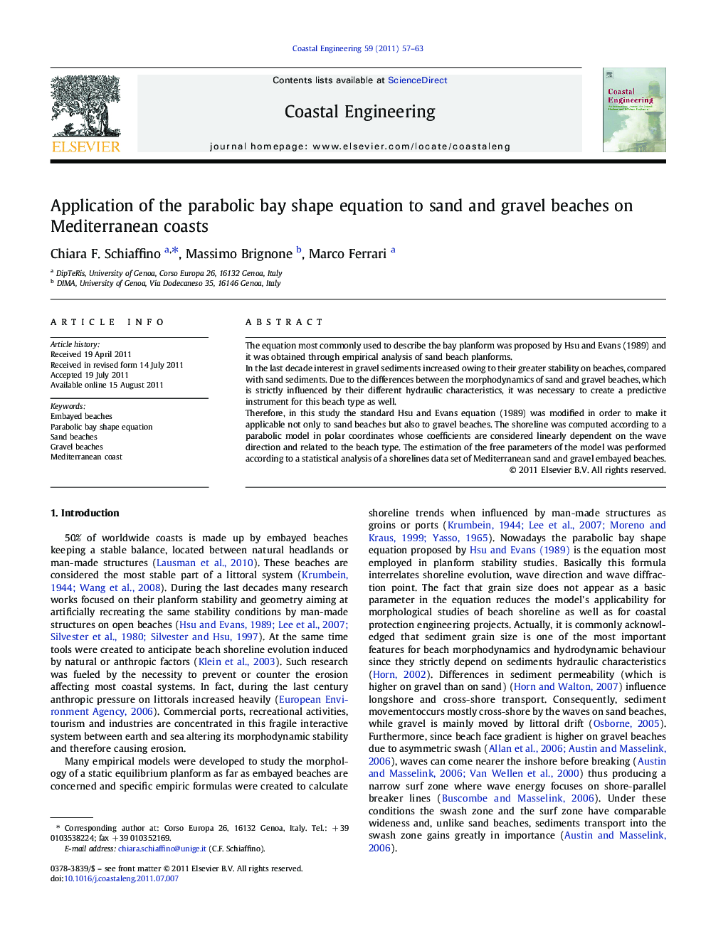 Application of the parabolic bay shape equation to sand and gravel beaches on Mediterranean coasts