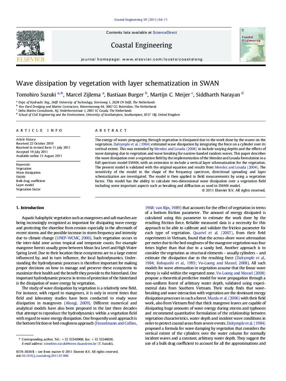 Wave dissipation by vegetation with layer schematization in SWAN