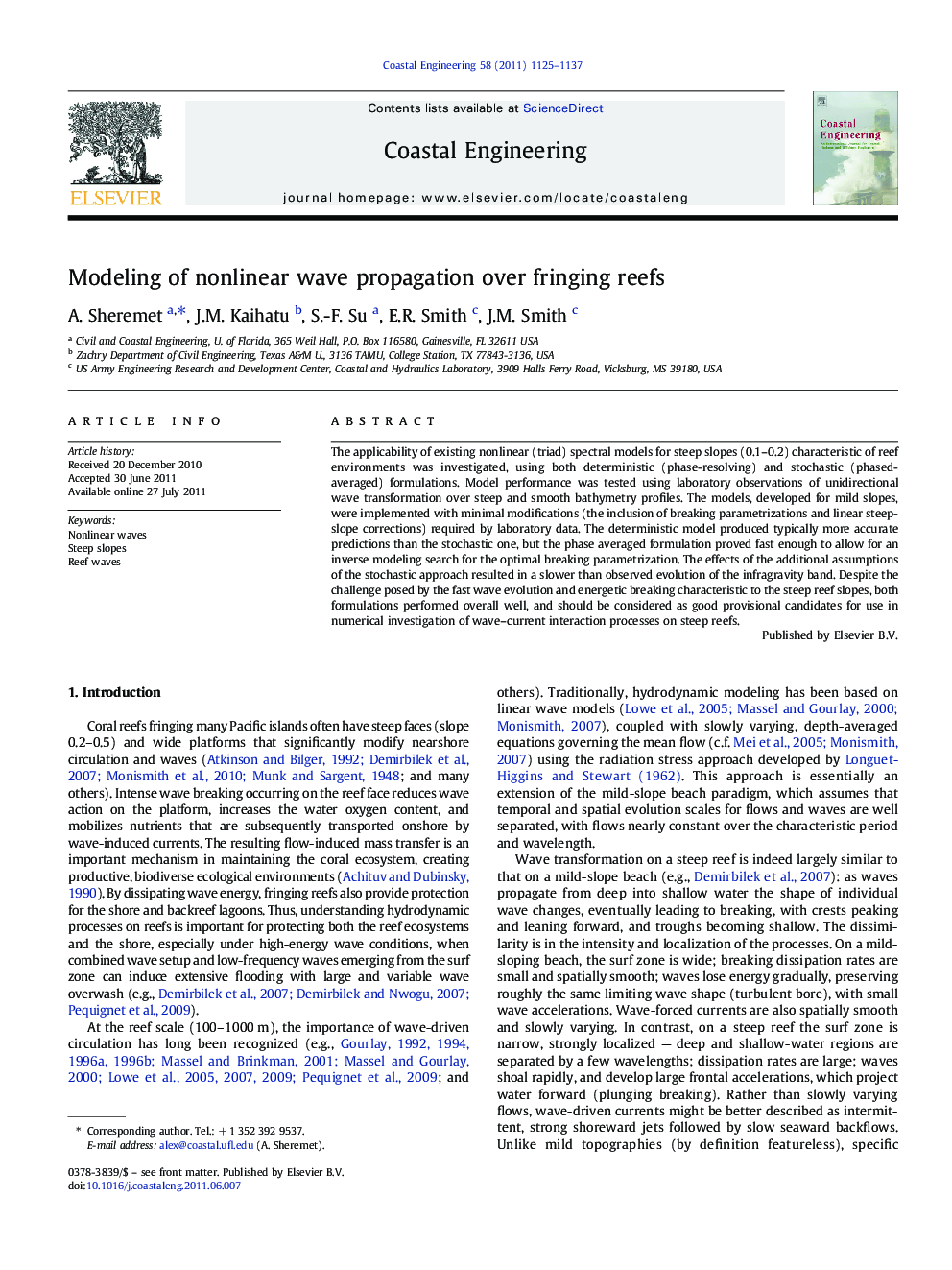 Modeling of nonlinear wave propagation over fringing reefs