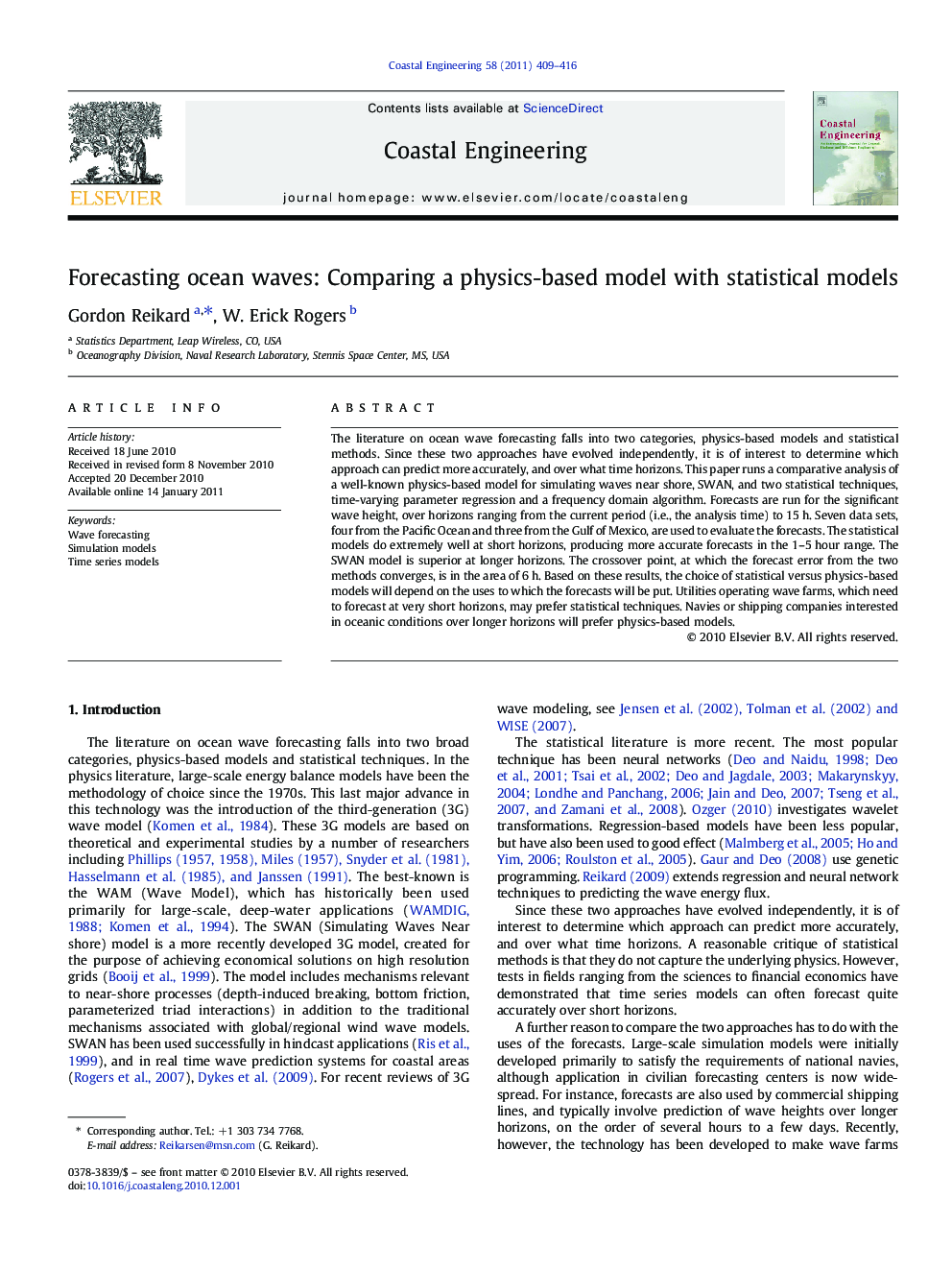 Forecasting ocean waves: Comparing a physics-based model with statistical models