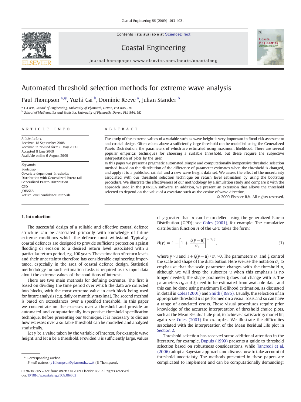 Automated threshold selection methods for extreme wave analysis