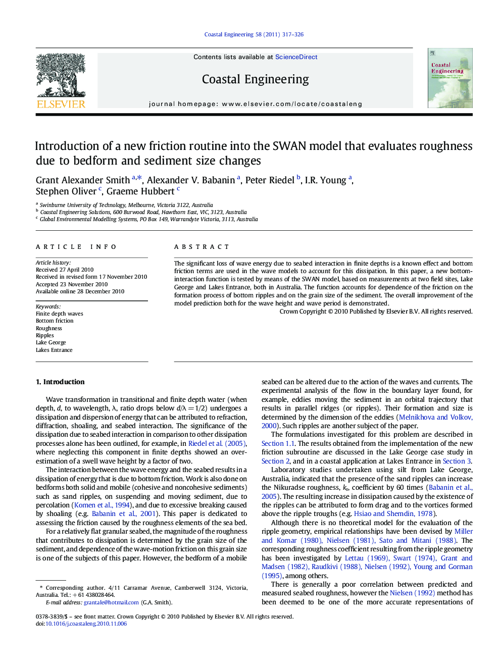 Introduction of a new friction routine into the SWAN model that evaluates roughness due to bedform and sediment size changes