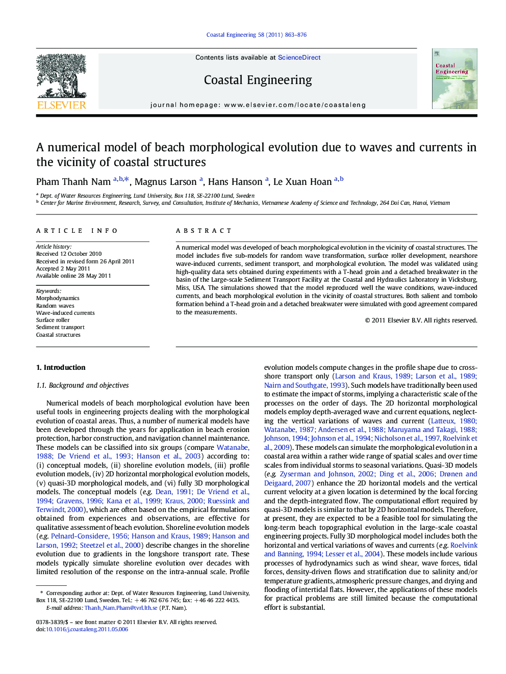 A numerical model of beach morphological evolution due to waves and currents in the vicinity of coastal structures