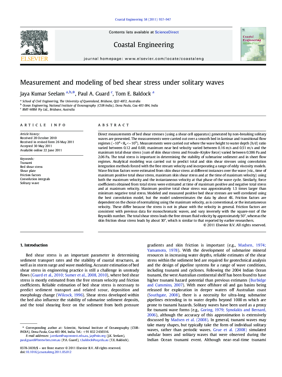 Measurement and modeling of bed shear stress under solitary waves