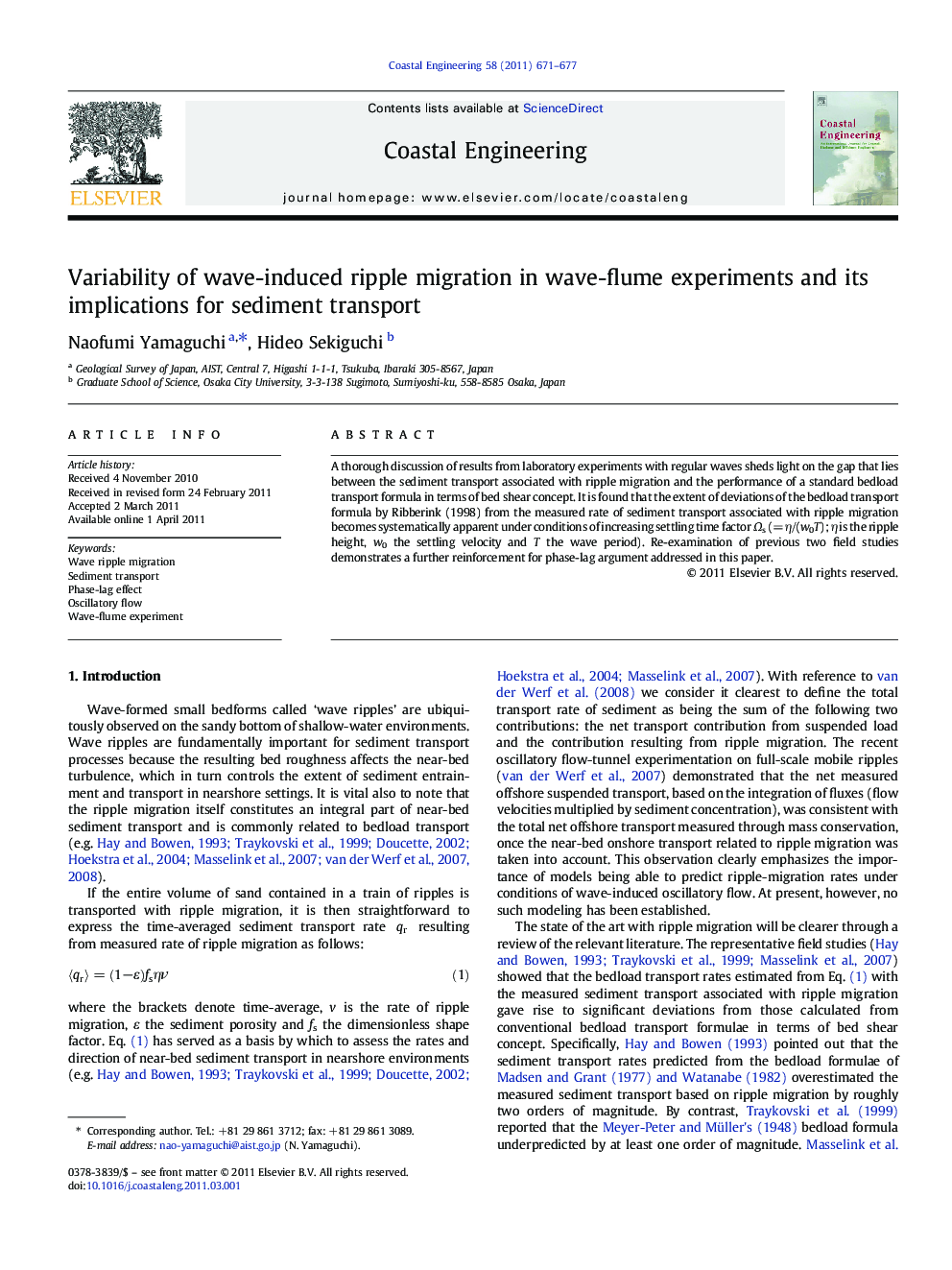 Variability of wave-induced ripple migration in wave-flume experiments and its implications for sediment transport