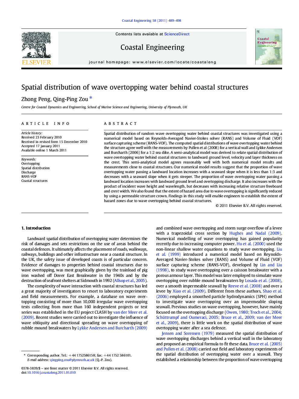 Spatial distribution of wave overtopping water behind coastal structures