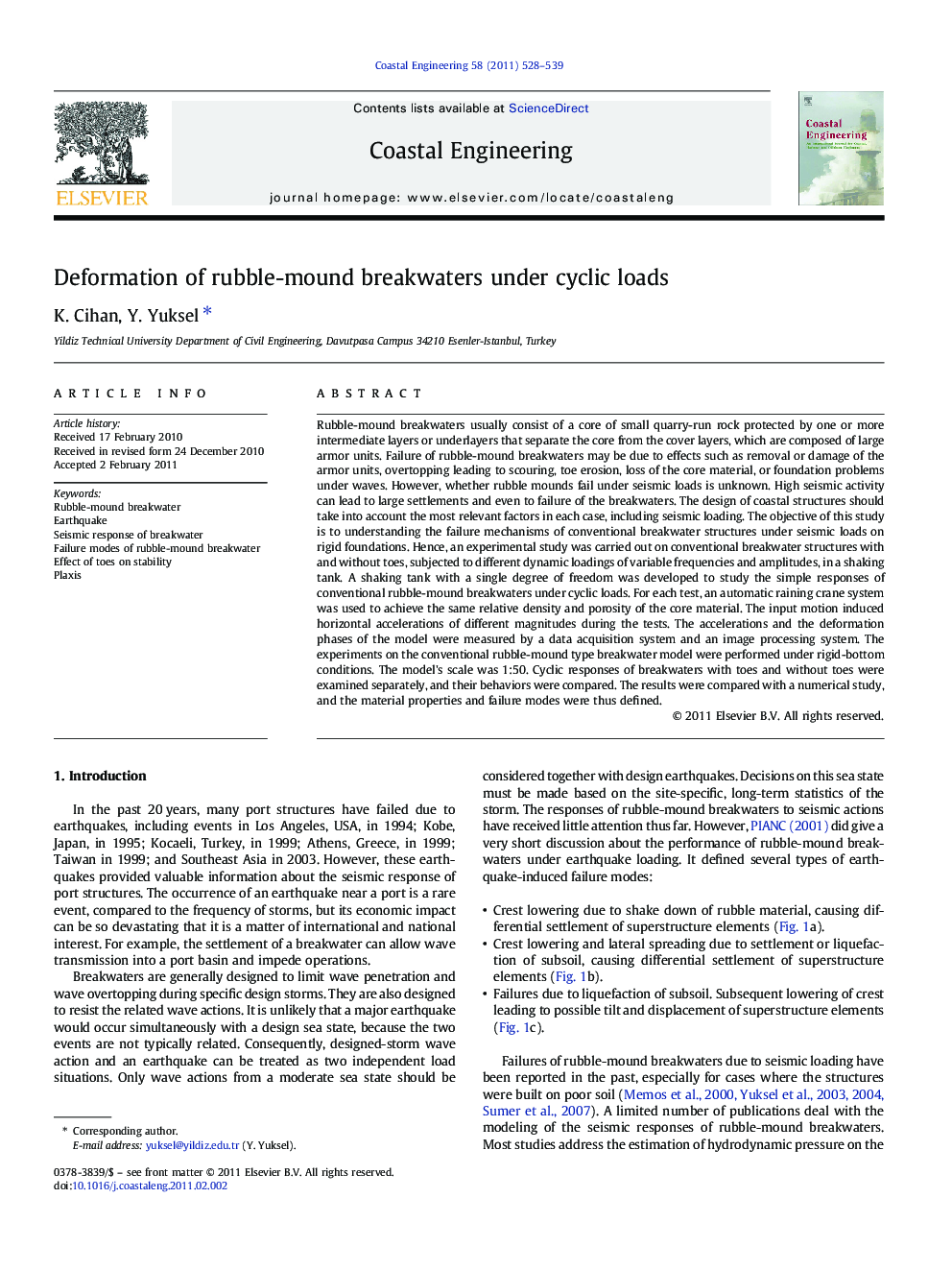 Deformation of rubble-mound breakwaters under cyclic loads