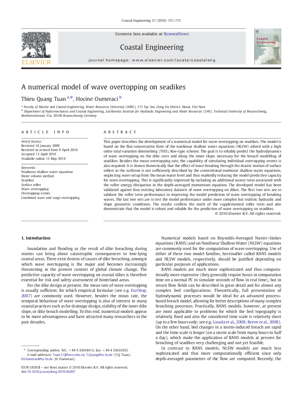 A numerical model of wave overtopping on seadikes