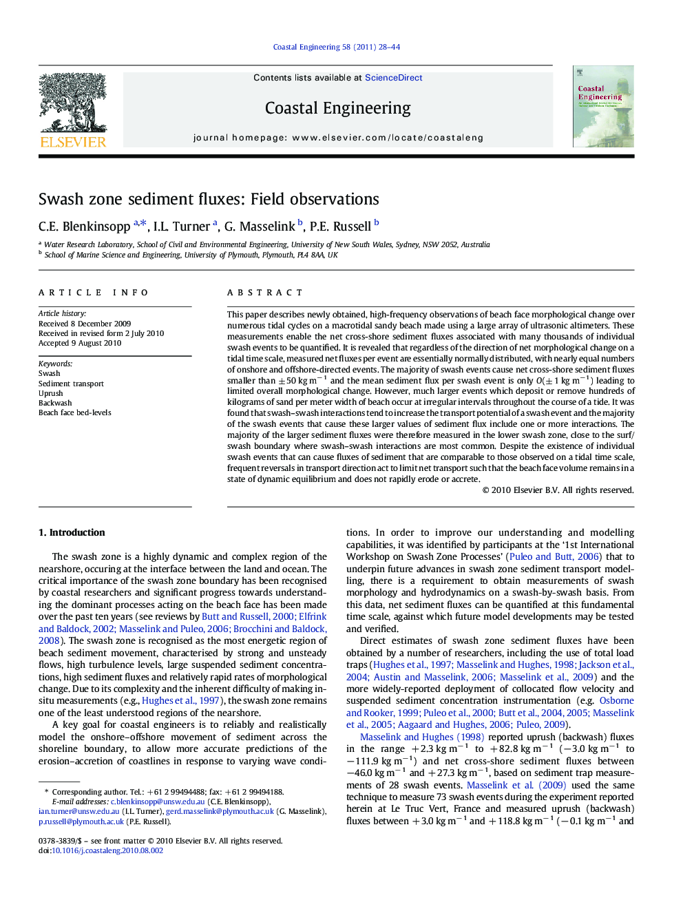 Swash zone sediment fluxes: Field observations