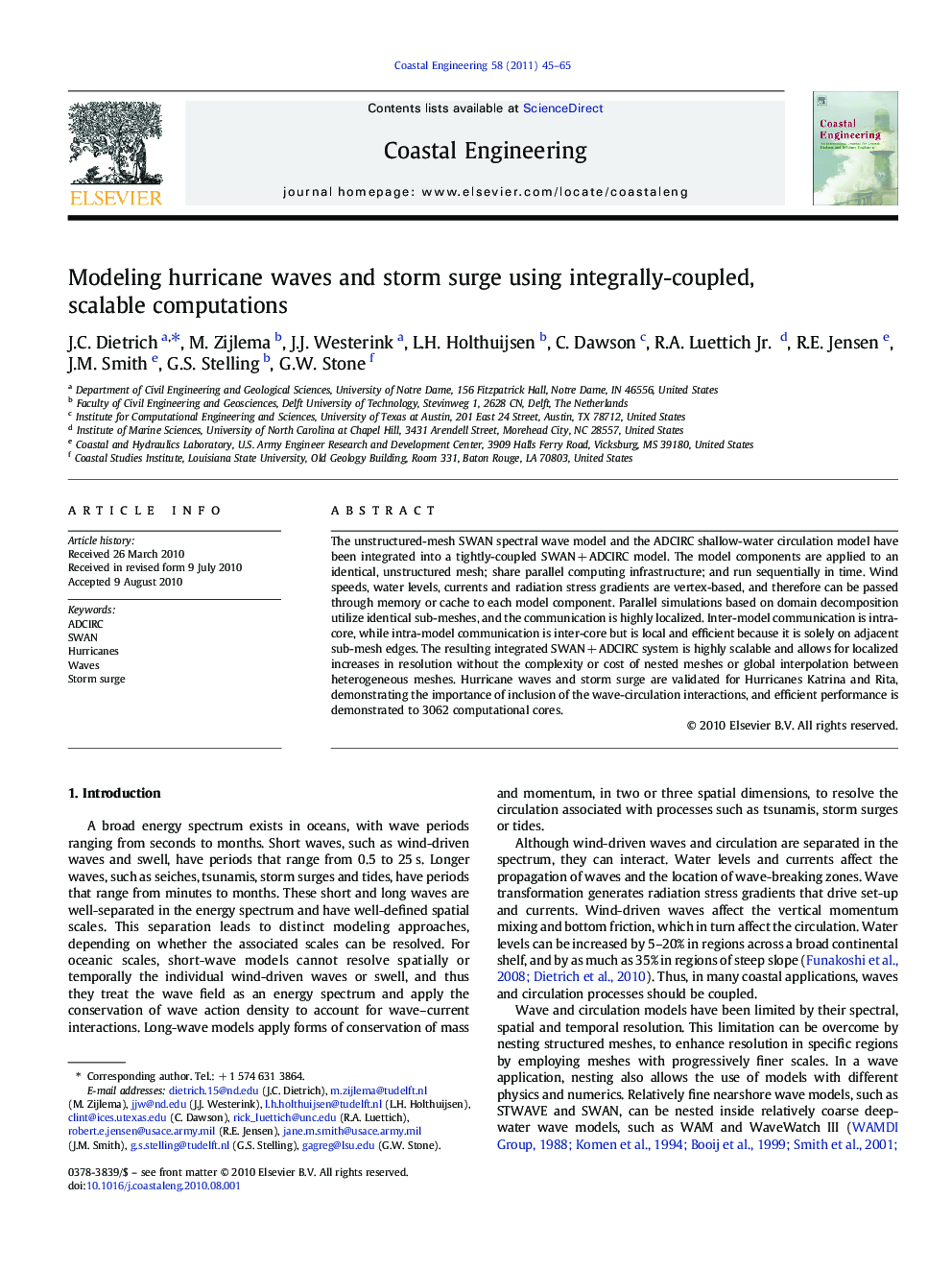 Modeling hurricane waves and storm surge using integrally-coupled, scalable computations