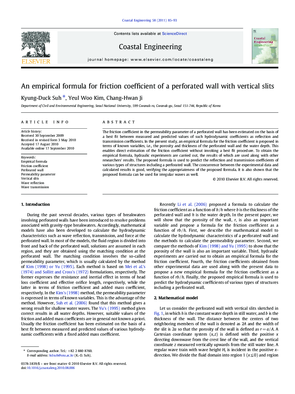 An empirical formula for friction coefficient of a perforated wall with vertical slits