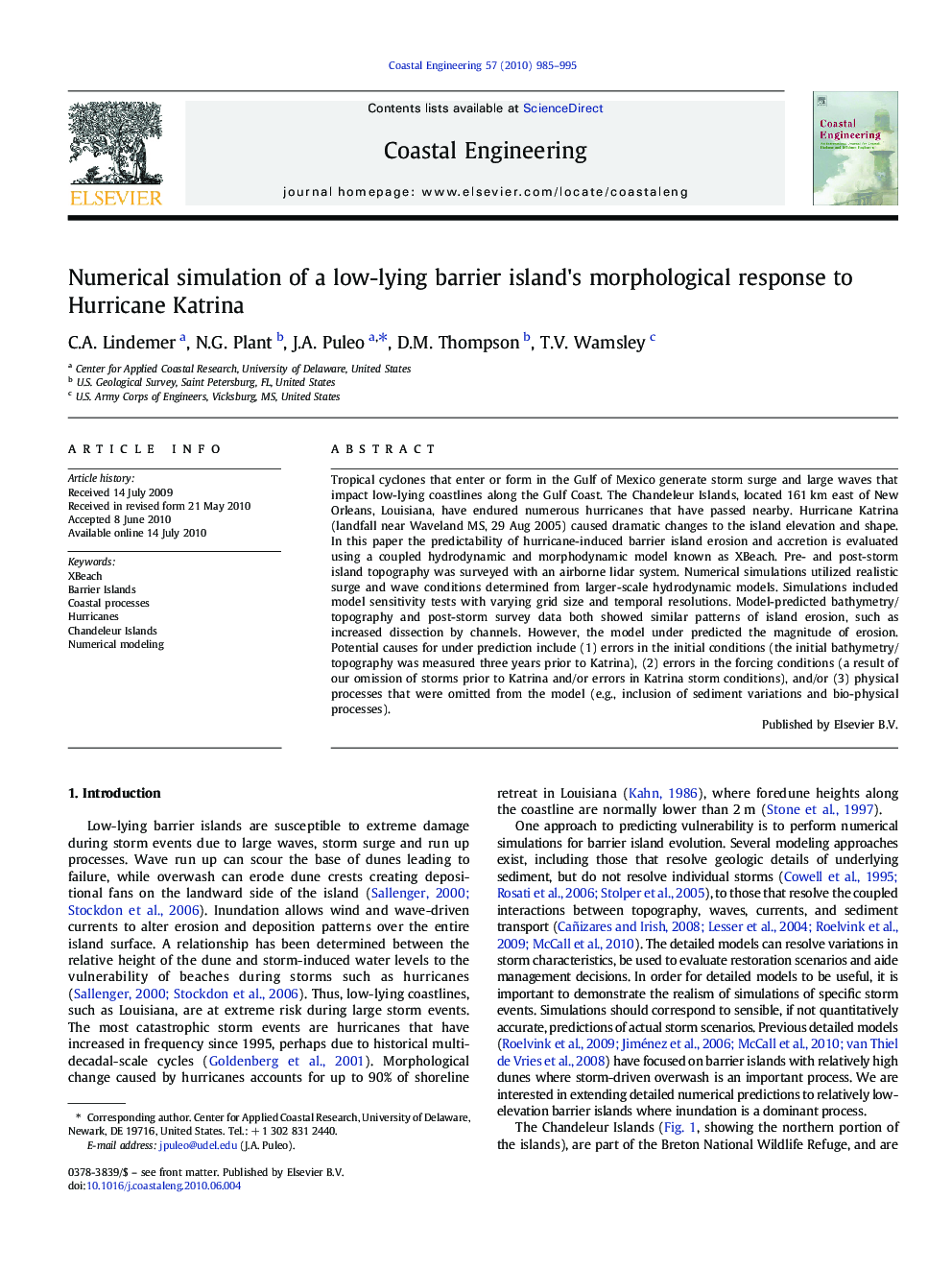 Numerical simulation of a low-lying barrier island's morphological response to Hurricane Katrina