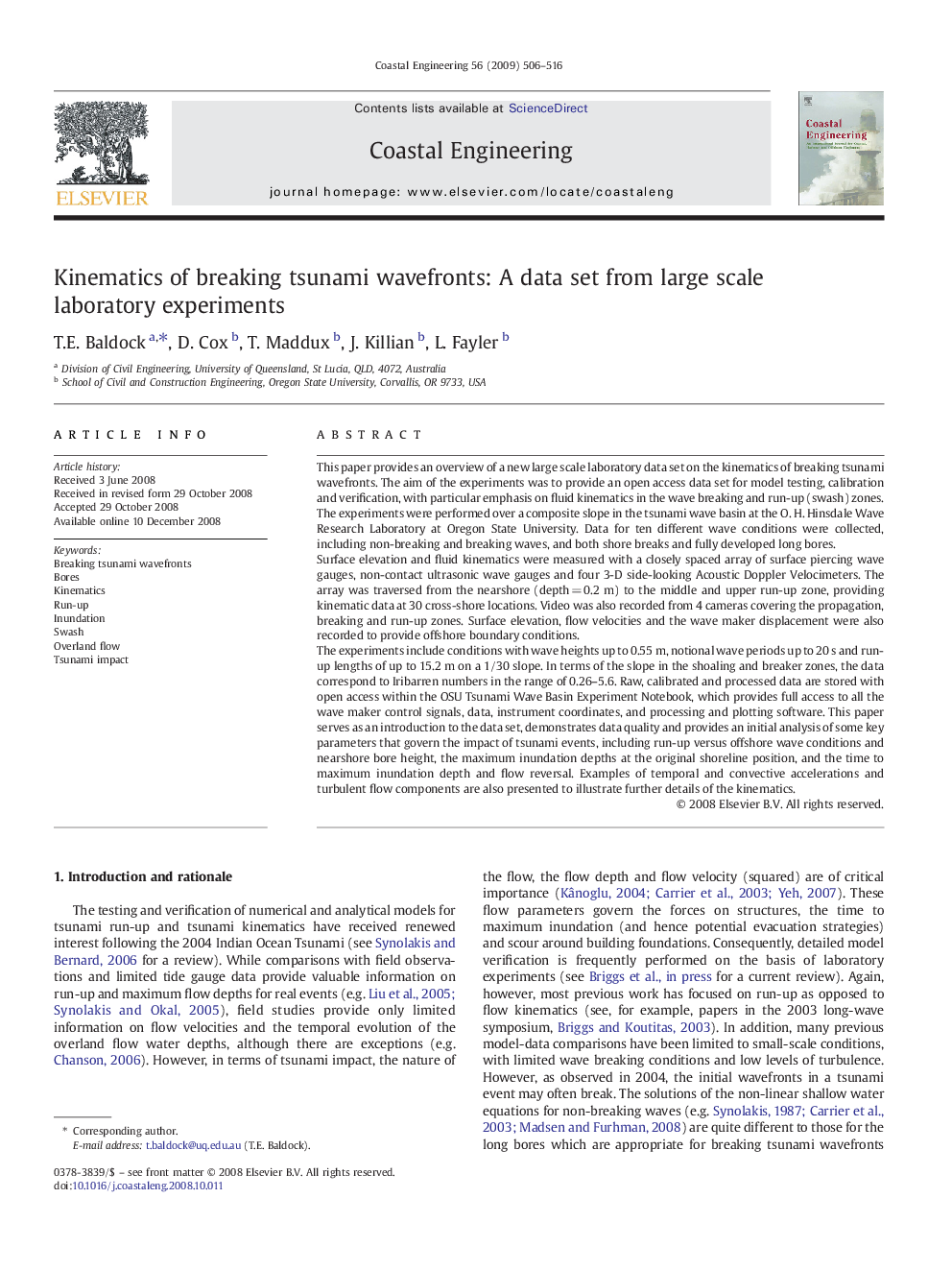 Kinematics of breaking tsunami wavefronts: A data set from large scale laboratory experiments