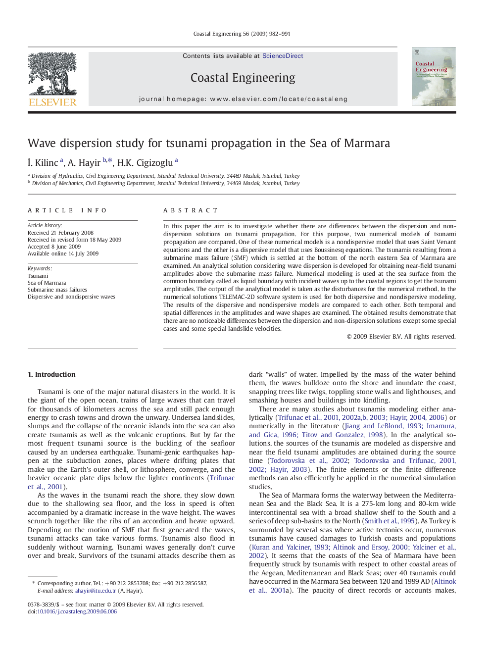 Wave dispersion study for tsunami propagation in the Sea of Marmara