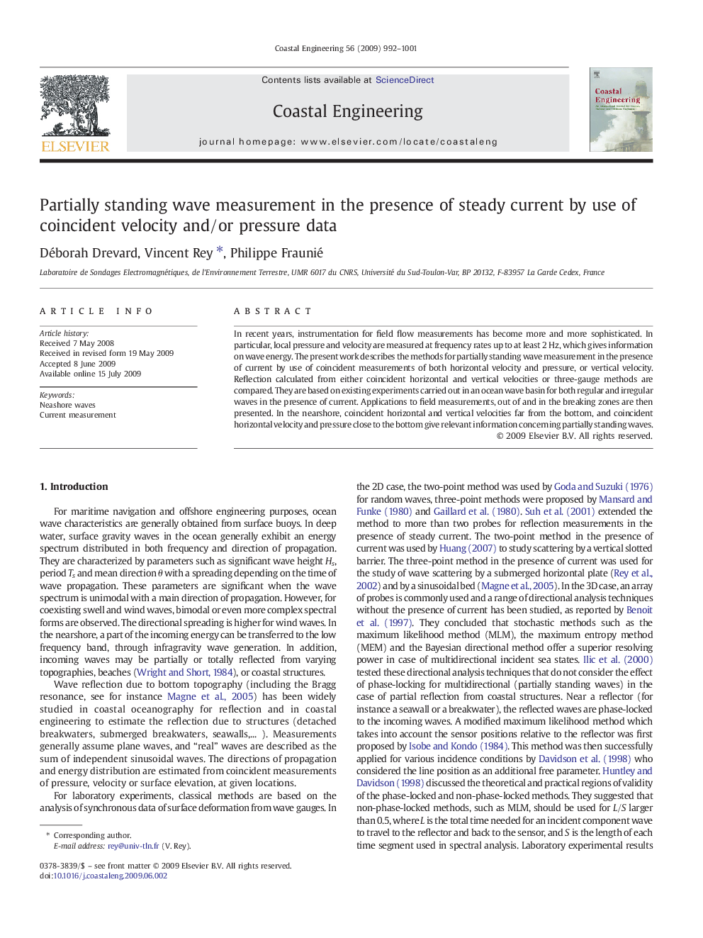 Partially standing wave measurement in the presence of steady current by use of coincident velocity and/or pressure data