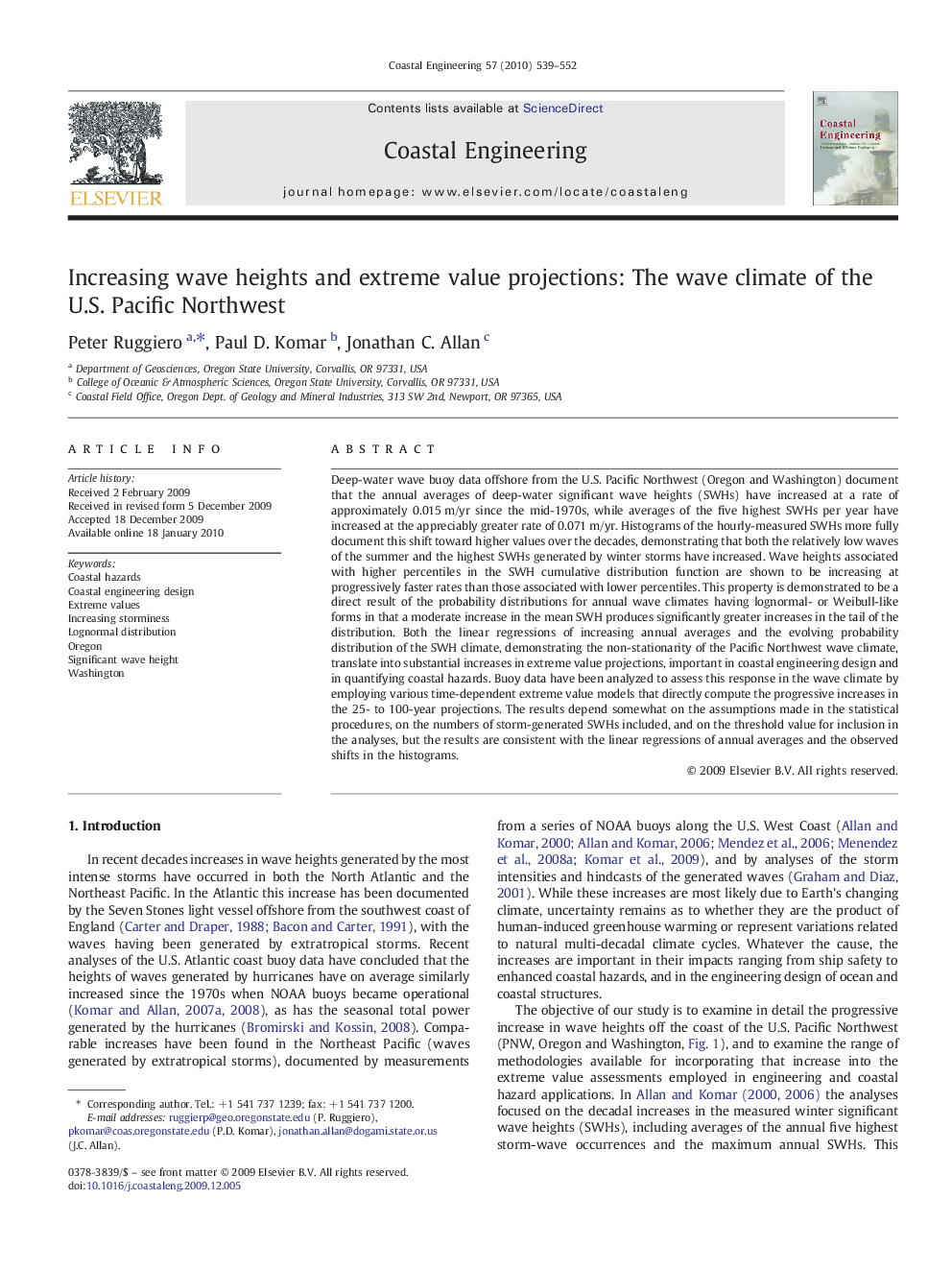 Increasing wave heights and extreme value projections: The wave climate of the U.S. Pacific Northwest