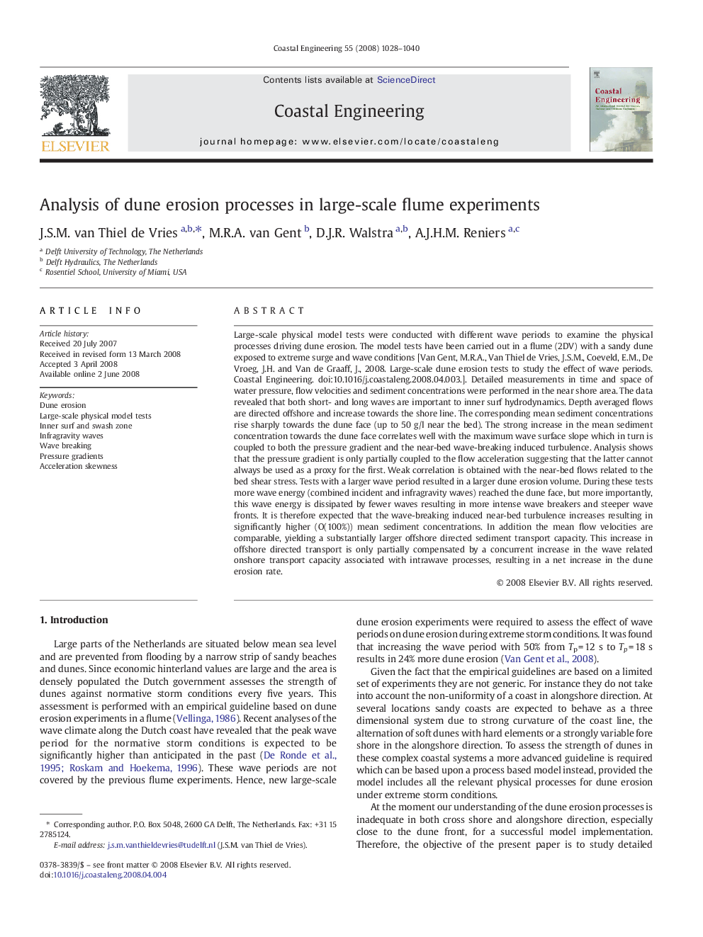 Analysis of dune erosion processes in large-scale flume experiments