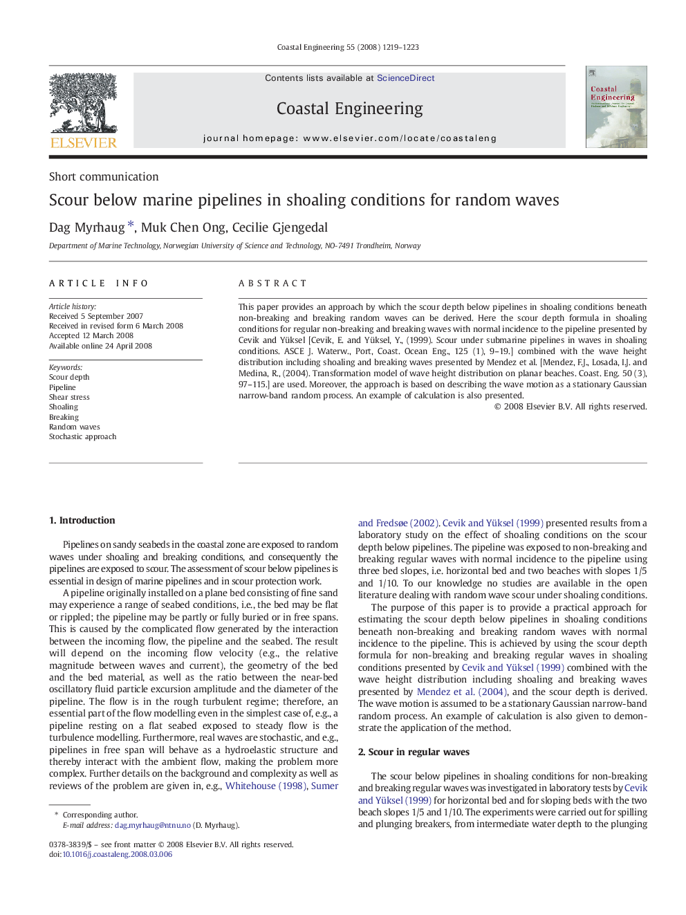 عکس صفحه اول مقاله: Scour below marine pipelines in shoaling conditions for random waves Scour below marine pipelines in shoaling conditions for random waves