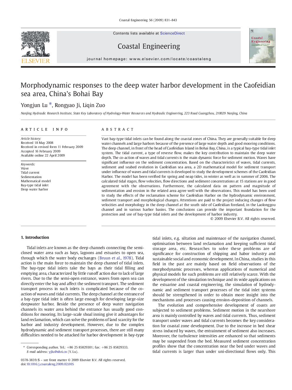 Morphodynamic responses to the deep water harbor development in the Caofeidian sea area, China's Bohai Bay