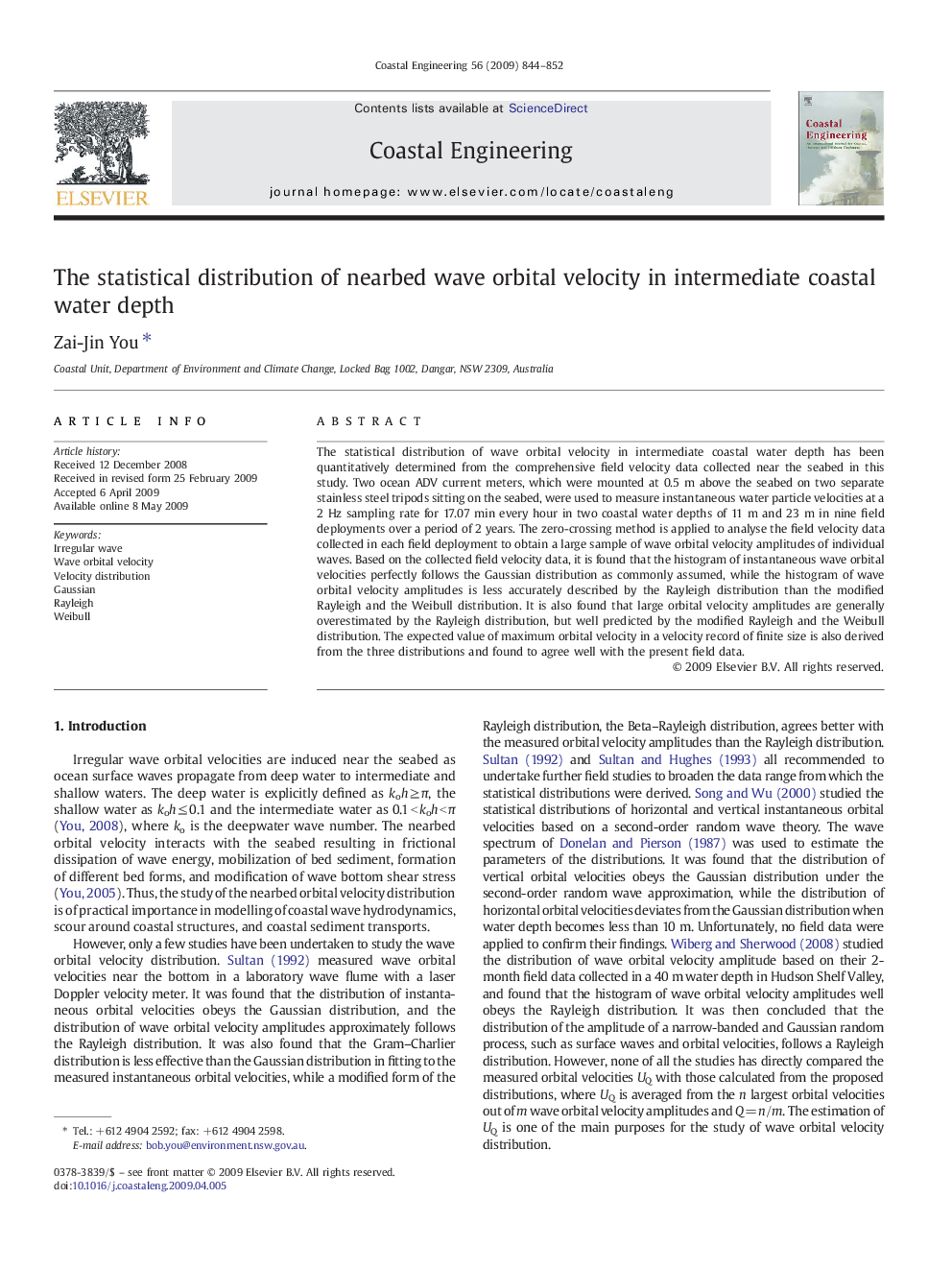 The statistical distribution of nearbed wave orbital velocity in intermediate coastal water depth