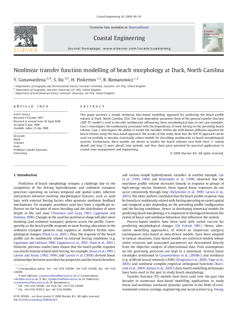 Nonlinear transfer function modelling of beach morphology at Duck, North Carolina