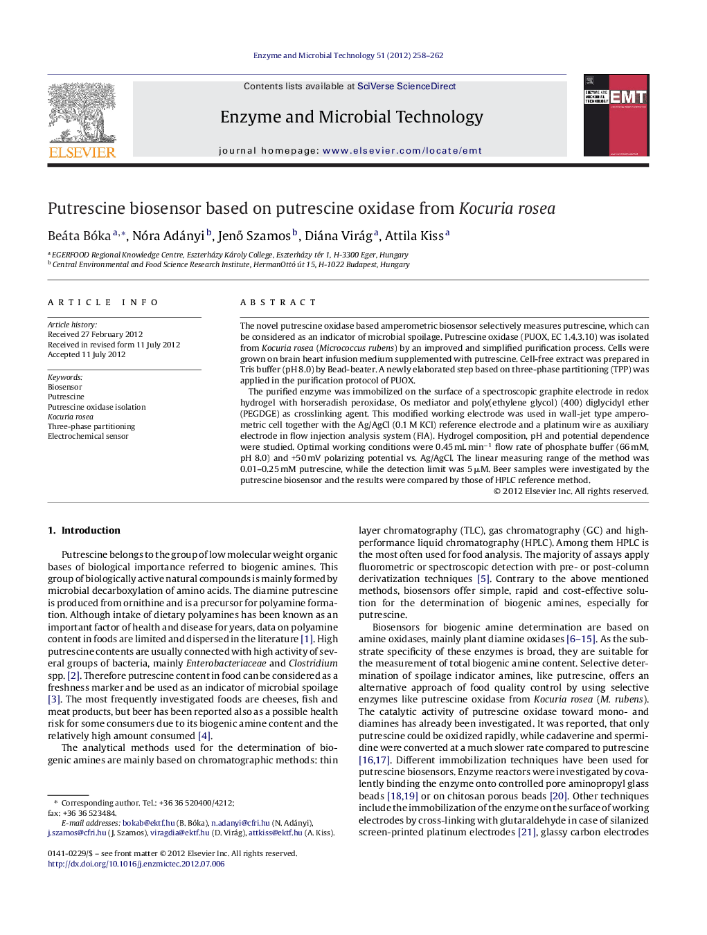 Putrescine biosensor based on putrescine oxidase from Kocuria rosea