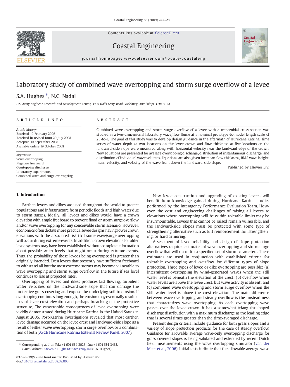 Laboratory study of combined wave overtopping and storm surge overflow of a levee