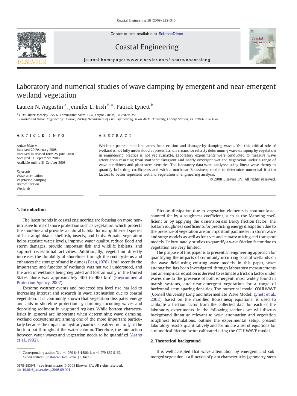 Laboratory and numerical studies of wave damping by emergent and near-emergent wetland vegetation