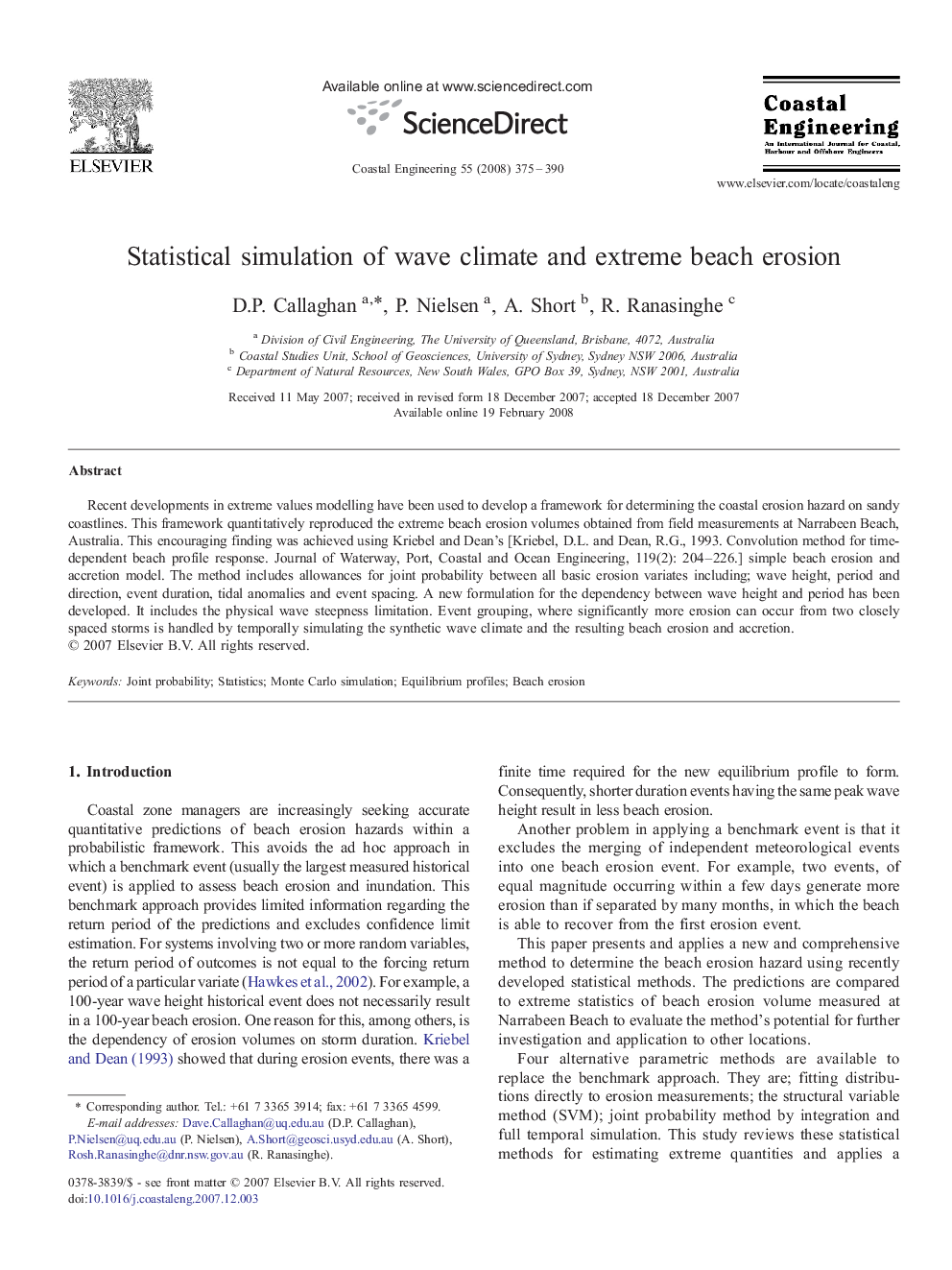 Statistical simulation of wave climate and extreme beach erosion