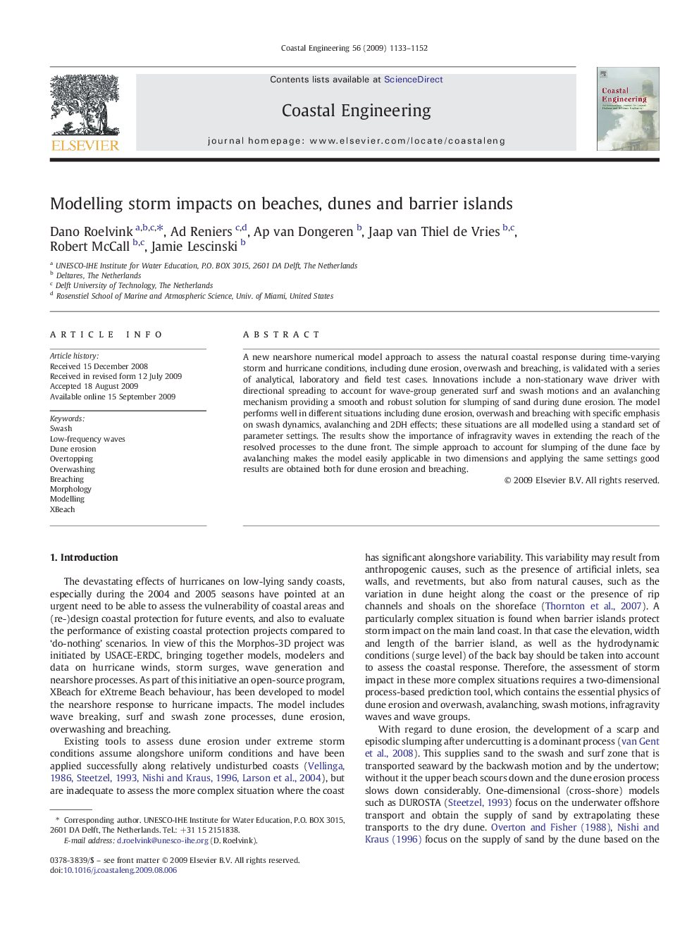 Modelling storm impacts on beaches, dunes and barrier islands