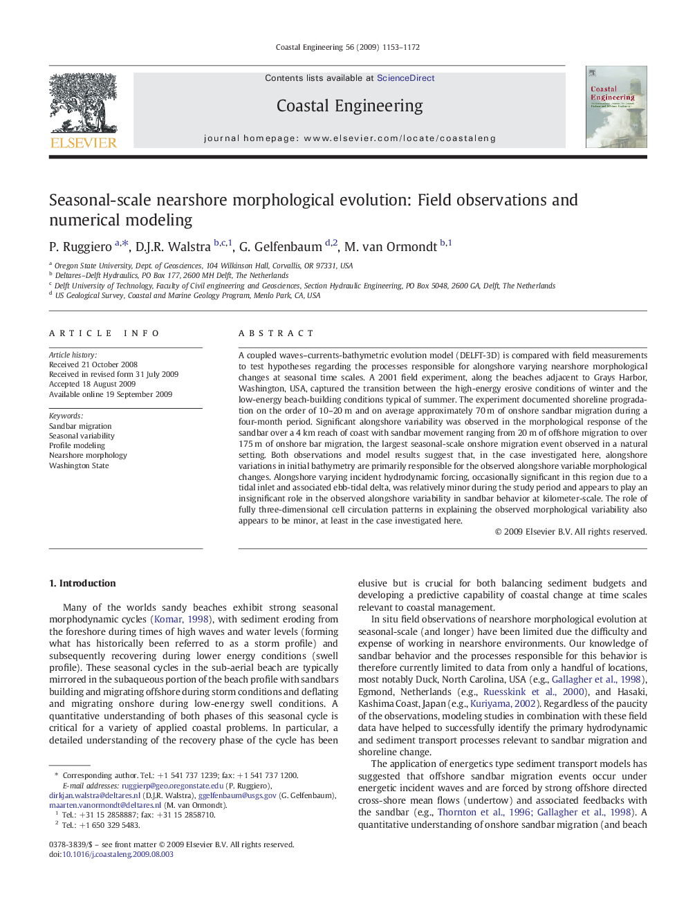 Seasonal-scale nearshore morphological evolution: Field observations and numerical modeling