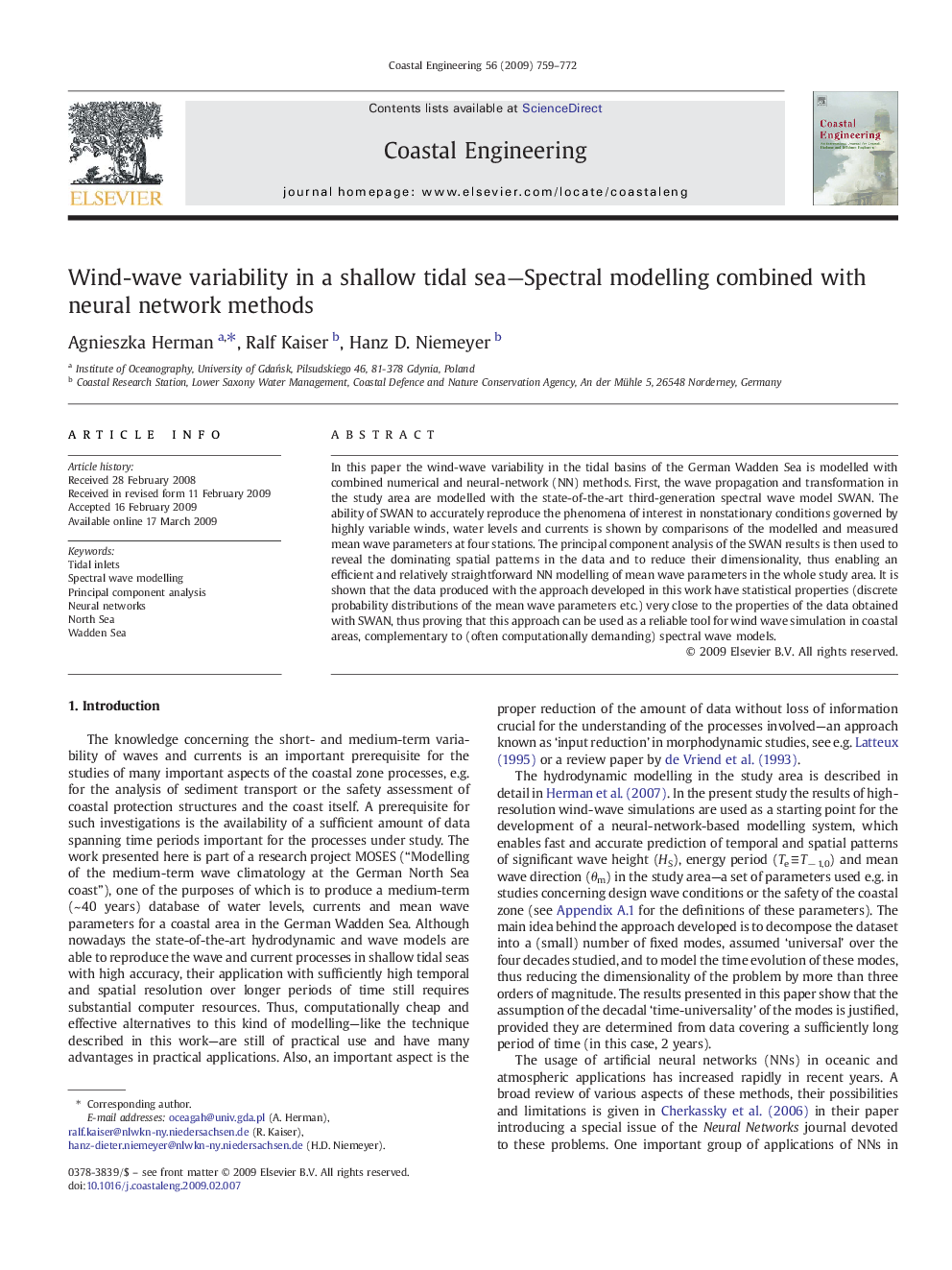 Wind-wave variability in a shallow tidal sea—Spectral modelling combined with neural network methods