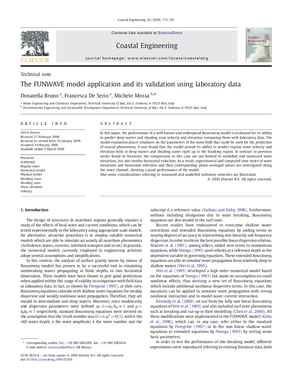 The FUNWAVE model application and its validation using laboratory data