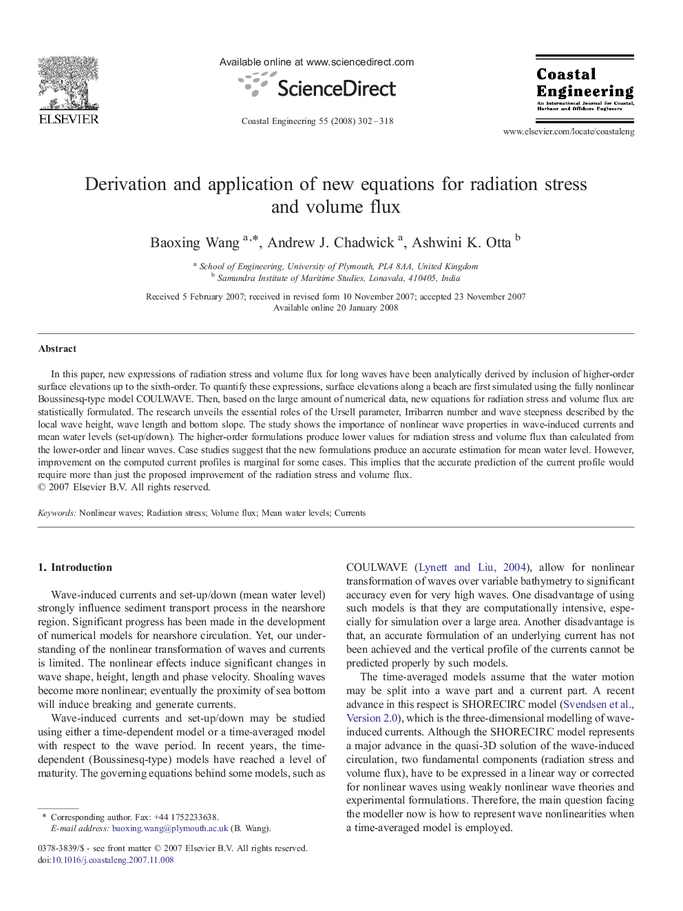 Derivation and application of new equations for radiation stress and volume flux