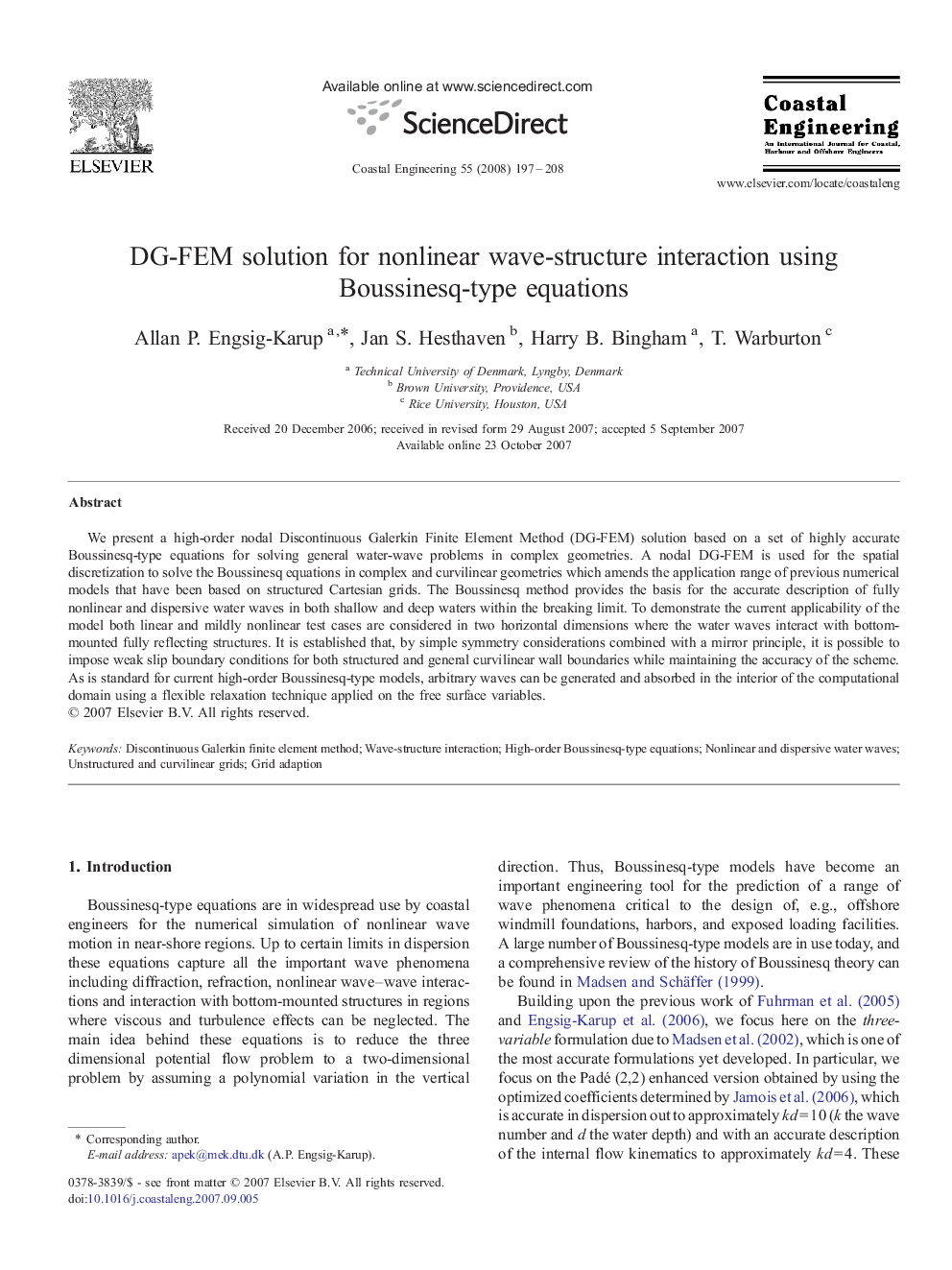 DG-FEM solution for nonlinear wave-structure interaction using Boussinesq-type equations