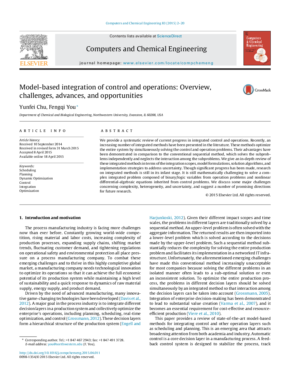 Model-based integration of control and operations: Overview, challenges, advances, and opportunities