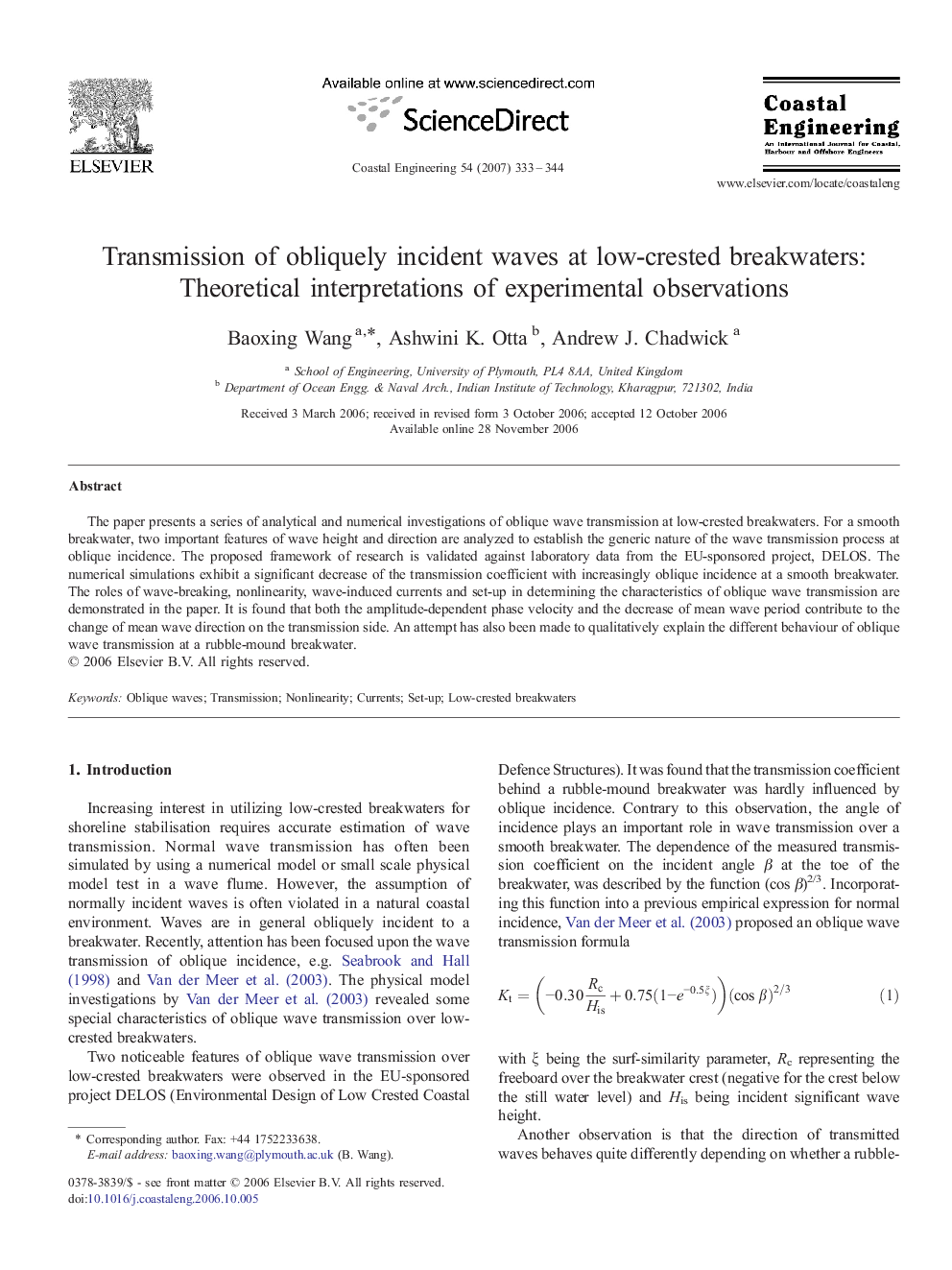 Transmission of obliquely incident waves at low-crested breakwaters: Theoretical interpretations of experimental observations