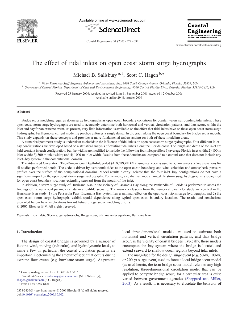 The effect of tidal inlets on open coast storm surge hydrographs