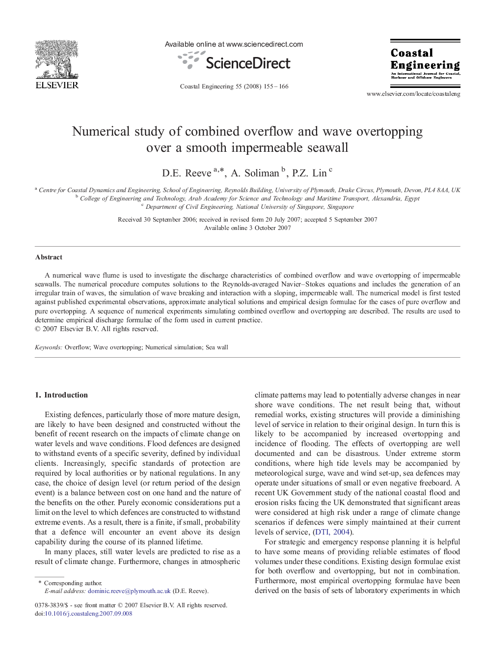 Numerical study of combined overflow and wave overtopping over a smooth impermeable seawall