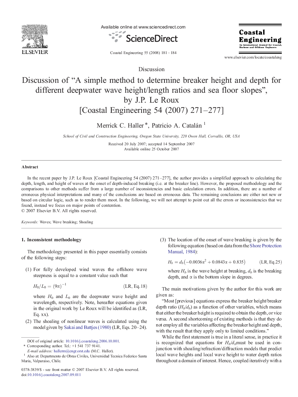 Discussion of “A simple method to determine breaker height and depth for different deepwater wave height/length ratios and sea floor slopes”, by J.P. Le Roux [Coastal Engineering 54 (2007) 271–277]