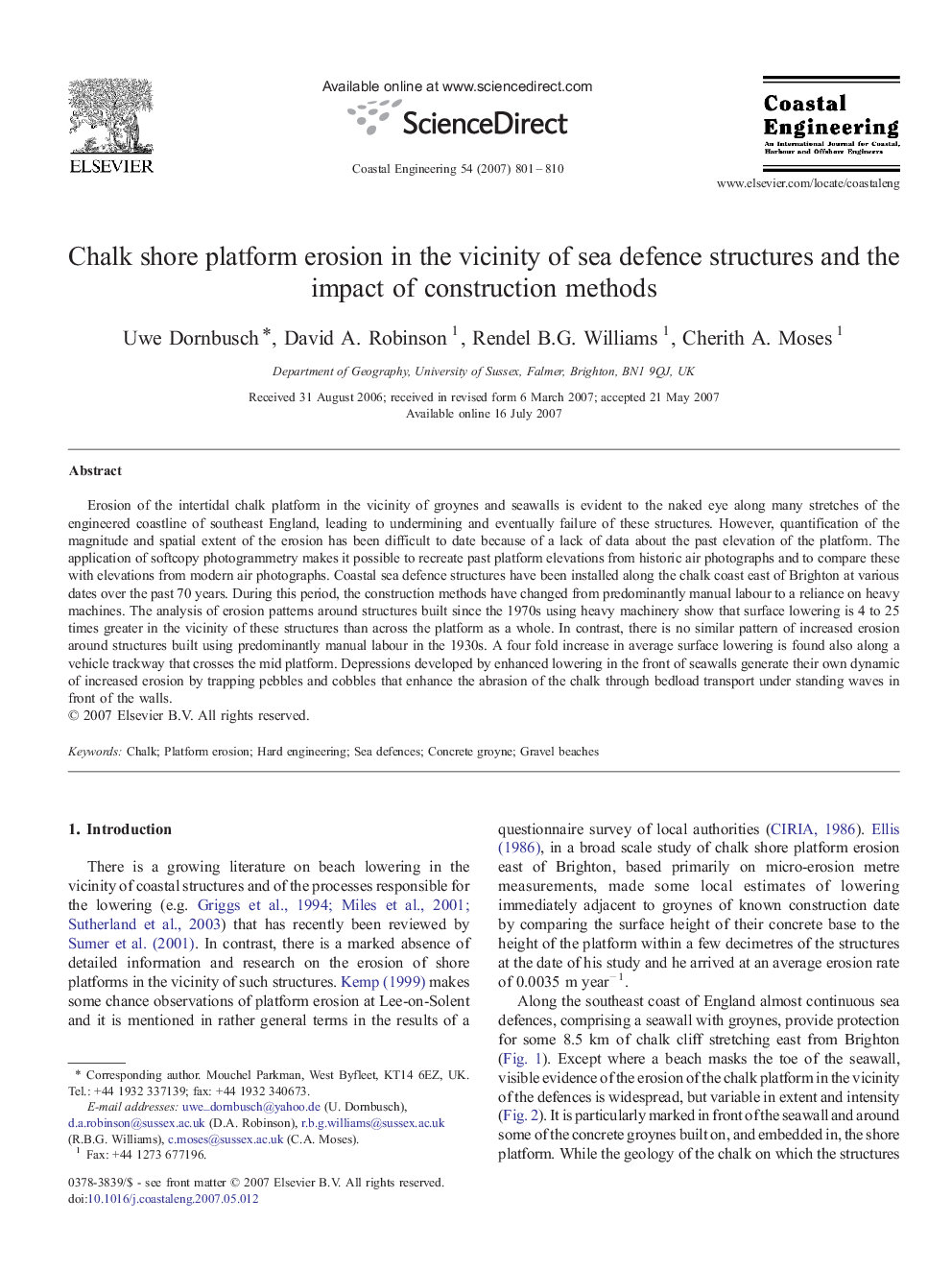 Chalk shore platform erosion in the vicinity of sea defence structures and the impact of construction methods