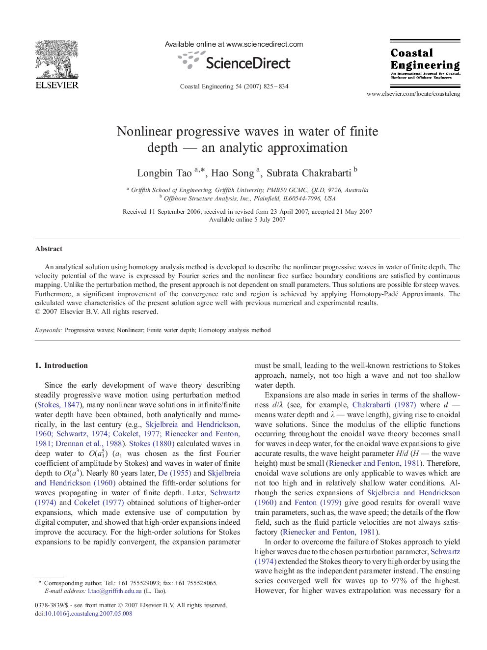 Nonlinear progressive waves in water of finite depth — an analytic approximation