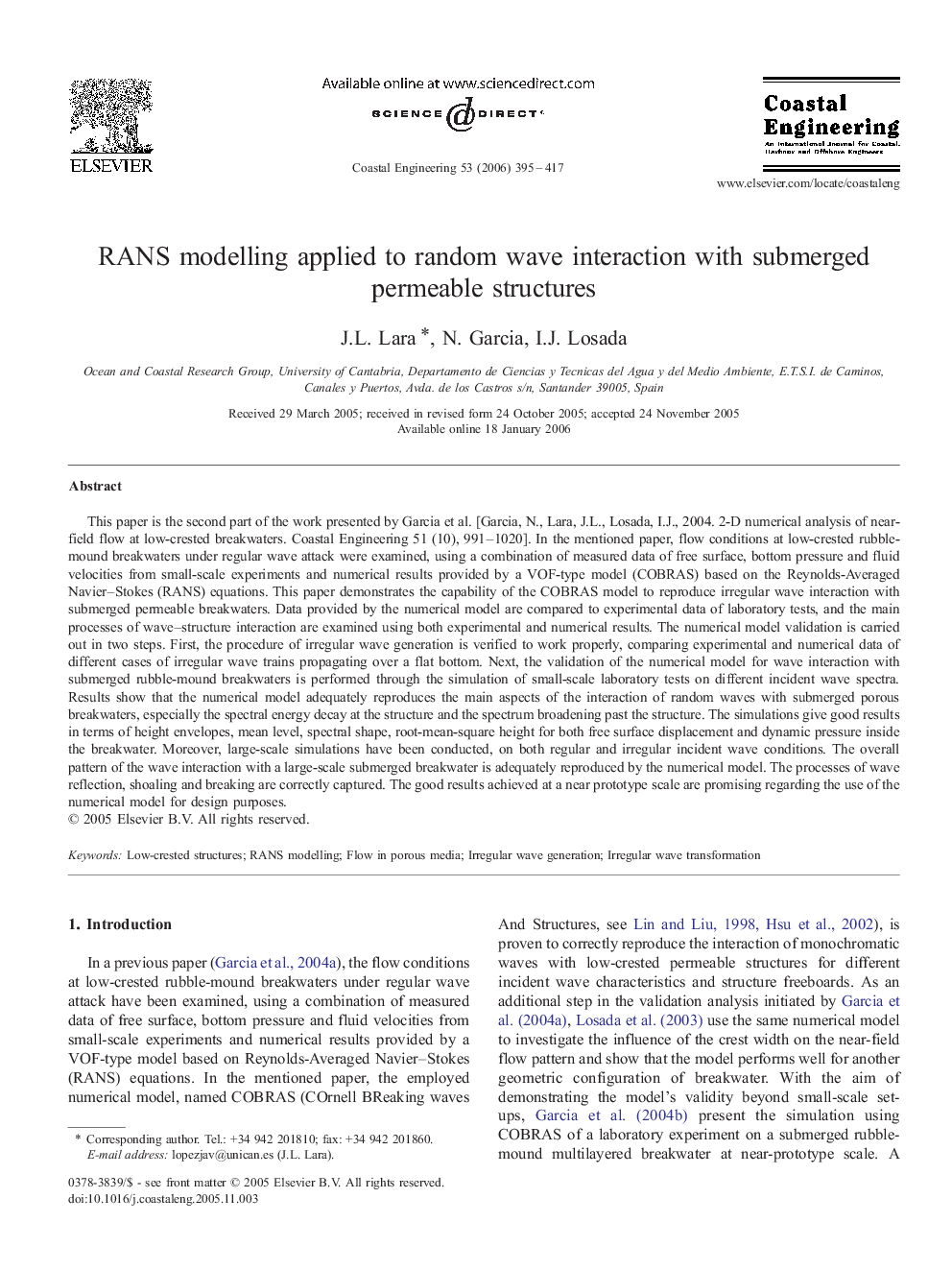 RANS modelling applied to random wave interaction with submerged permeable structures