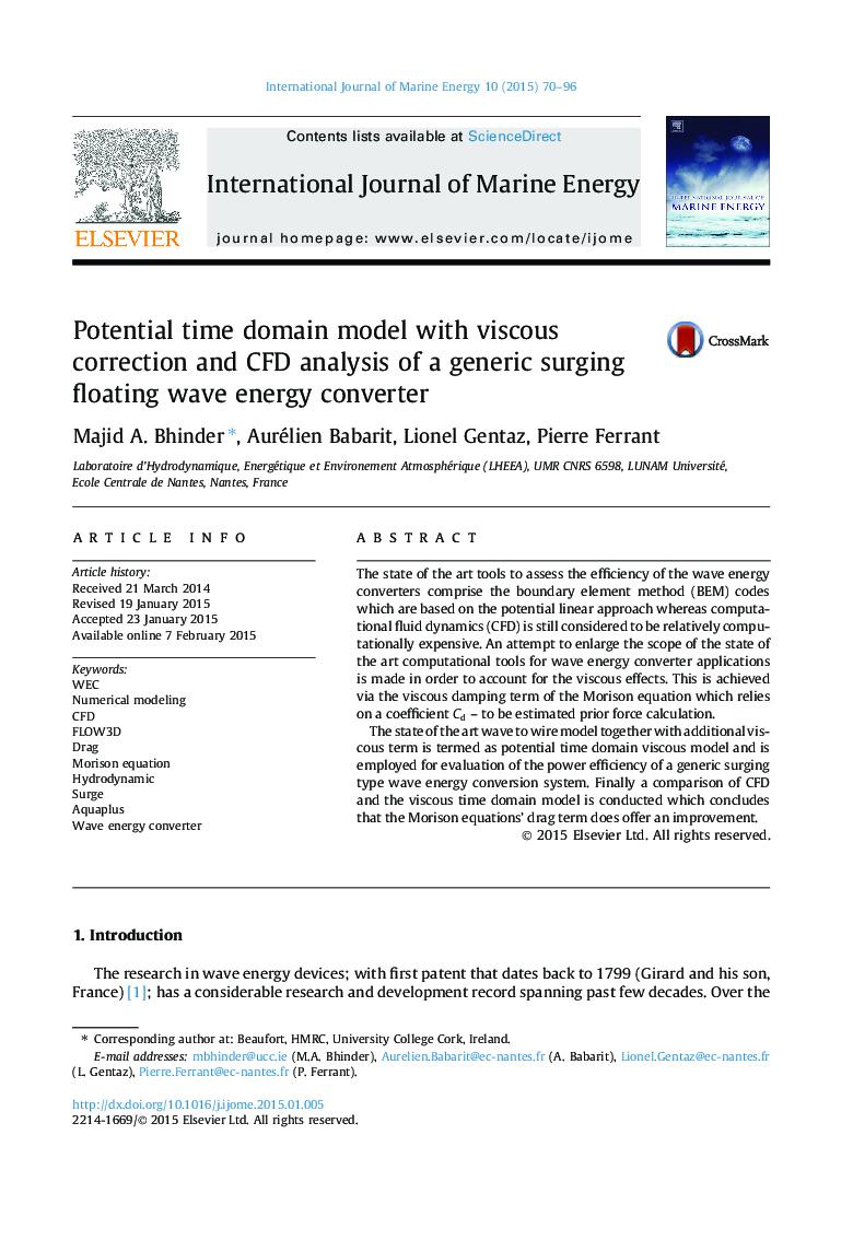 Potential time domain model with viscous correction and CFD analysis of a generic surging floating wave energy converter